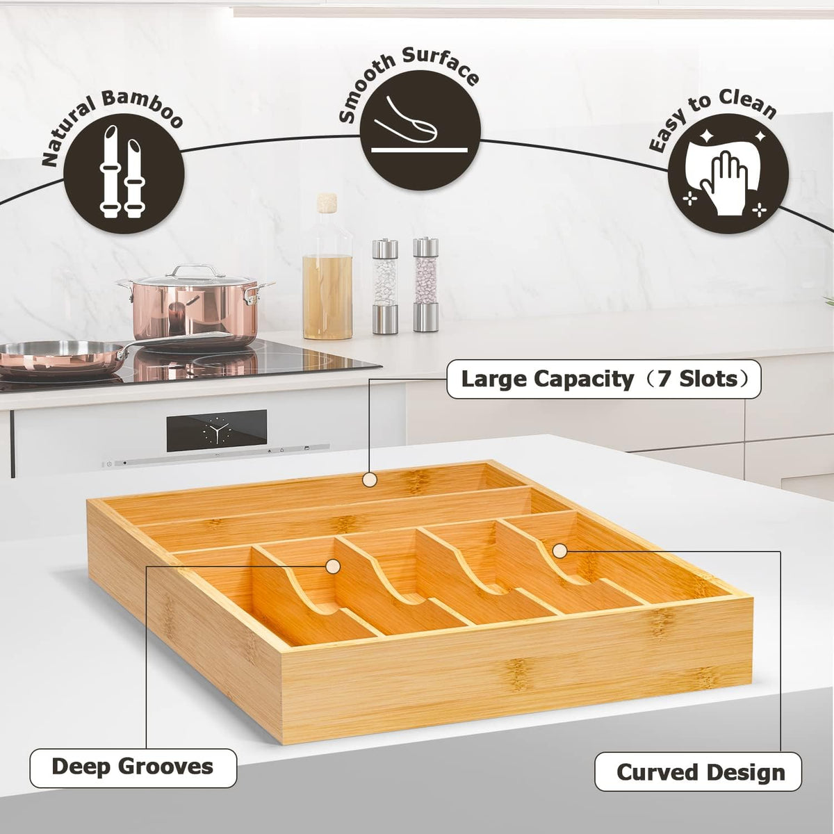 Flatware Organizer Silverware Drawer Organizer - 7 Slots Bamboo Cutlery Tray Multipurpose kitchen