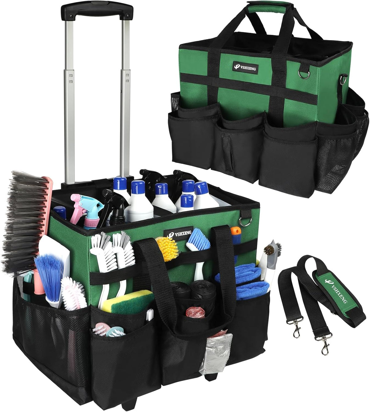 Large Rolling Cleaning Caddy Bag with Wheels, Cleaning Bag with Detachable Trolley, Cleaning Bags