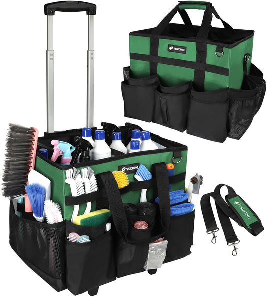 Large Rolling Cleaning Caddy Bag with Wheels, Cleaning Bag with Detachable Trolley, Cleaning Bags