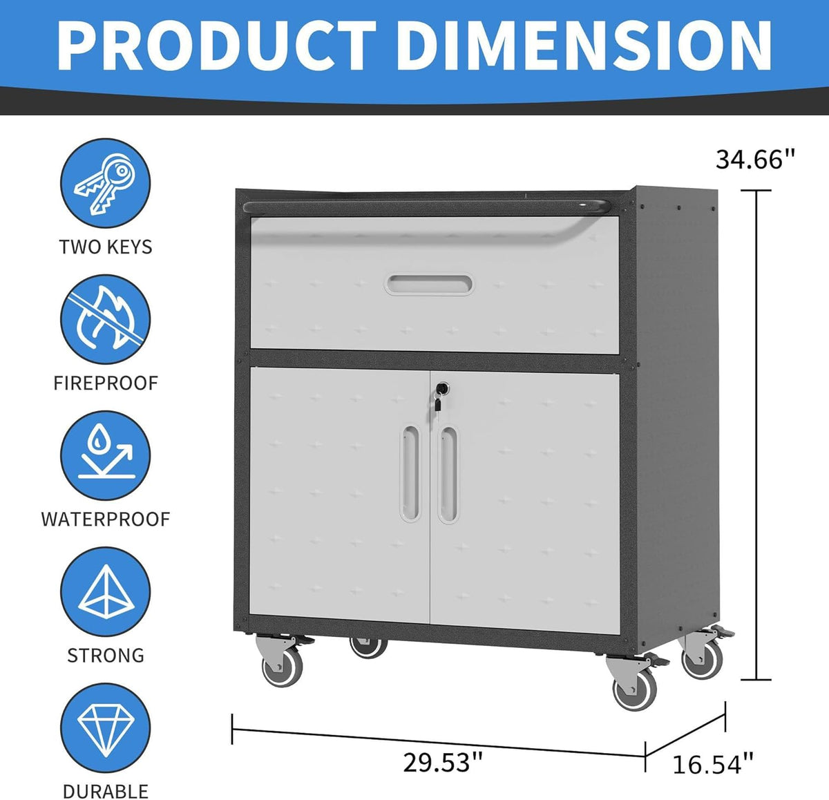 Metal Storage Cabinet with Wheels, Rolling Tool Cabinet with Adjustable Shelve, Locking Garage