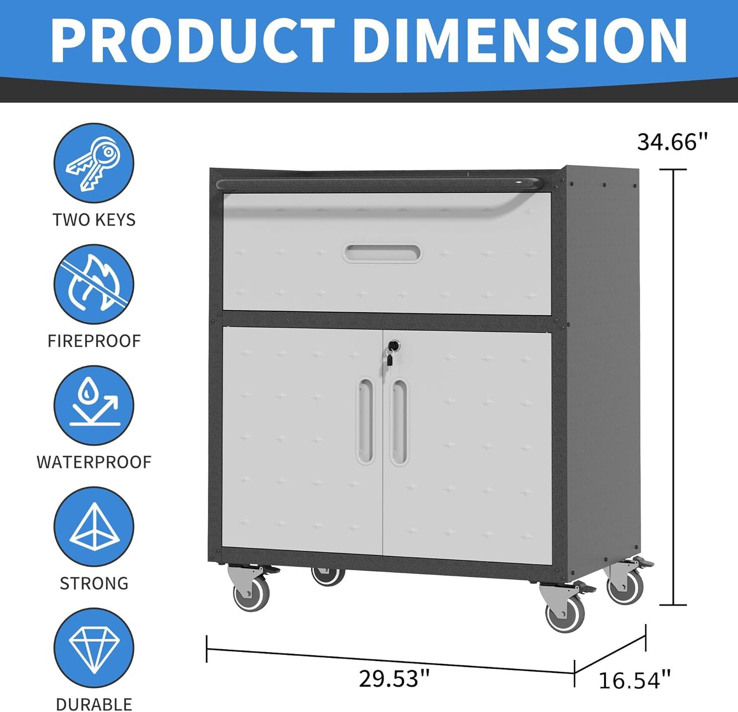 Metal Storage Cabinet with Wheels, Rolling Tool Cabinet with Adjustable Shelve, Locking Garage