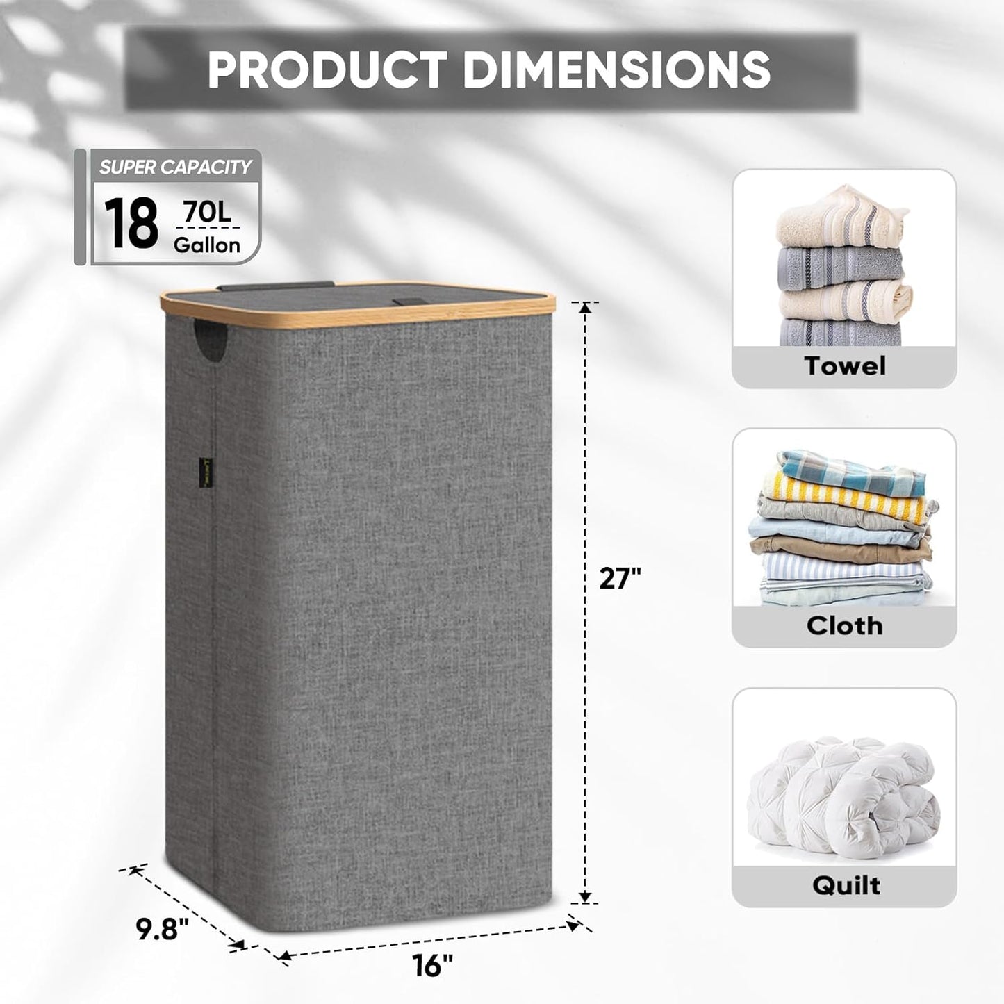 BALEINE Laundry Hamper with Lid, Tall Laundry Baskets with Bamboo Pull Handles, Large Laundry Bin