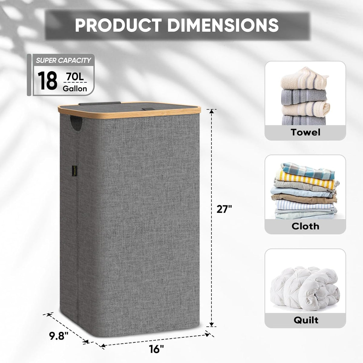 BALEINE Laundry Hamper with Lid, Tall Laundry Baskets with Bamboo Pull Handles, Large Laundry Bin