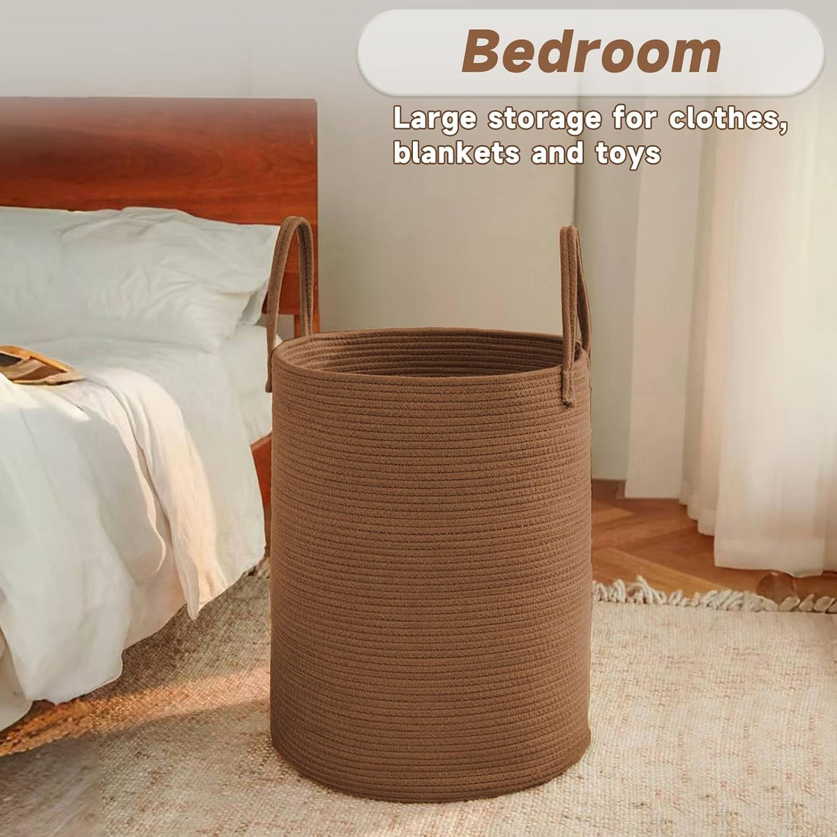 Large Woven Laundry Basket Hamper,60L Cotton Rope Storage Bin for Blankets,Toys and