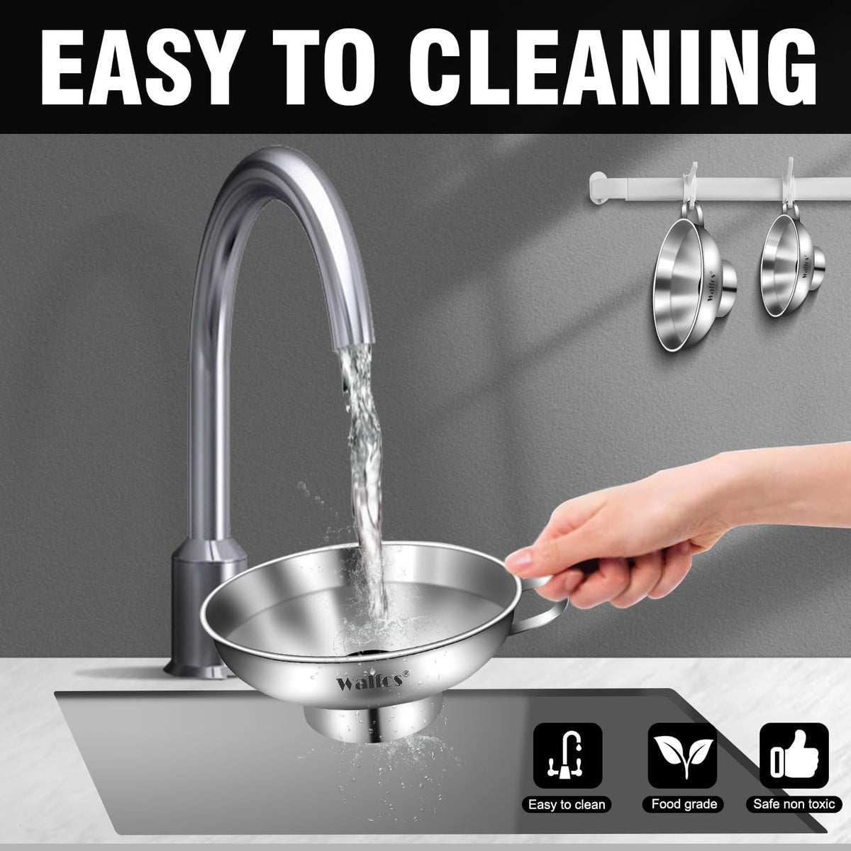 Walfos 2 Pack (4in & 5.5in) Stainless Steel Wide-Mouth Funnel with Handle for Wide and Regular