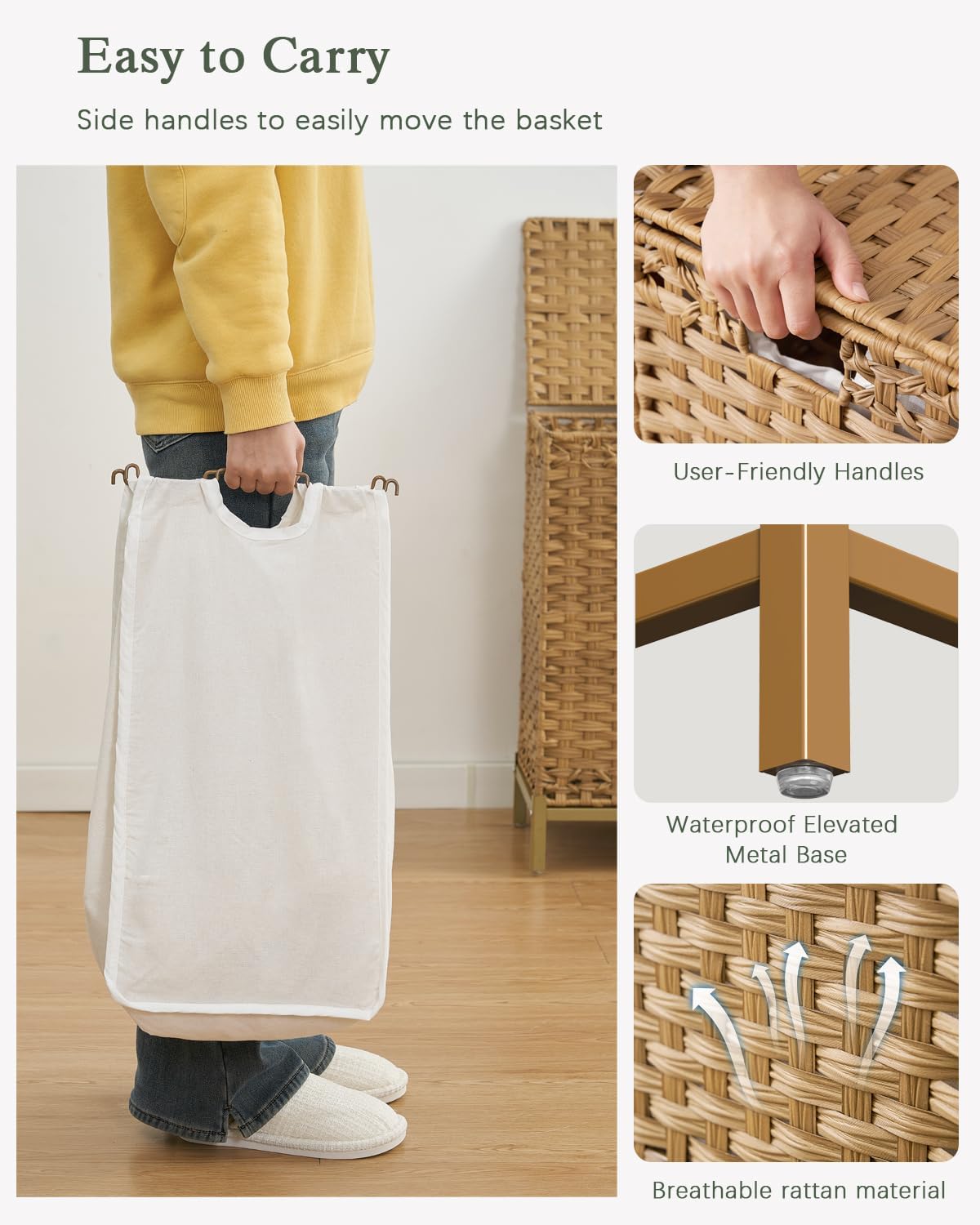 Laundry Hamper with Lid 132 L, (35 Gallons) Clothes Hamper with Lid, Handwoven Rattan Laundry