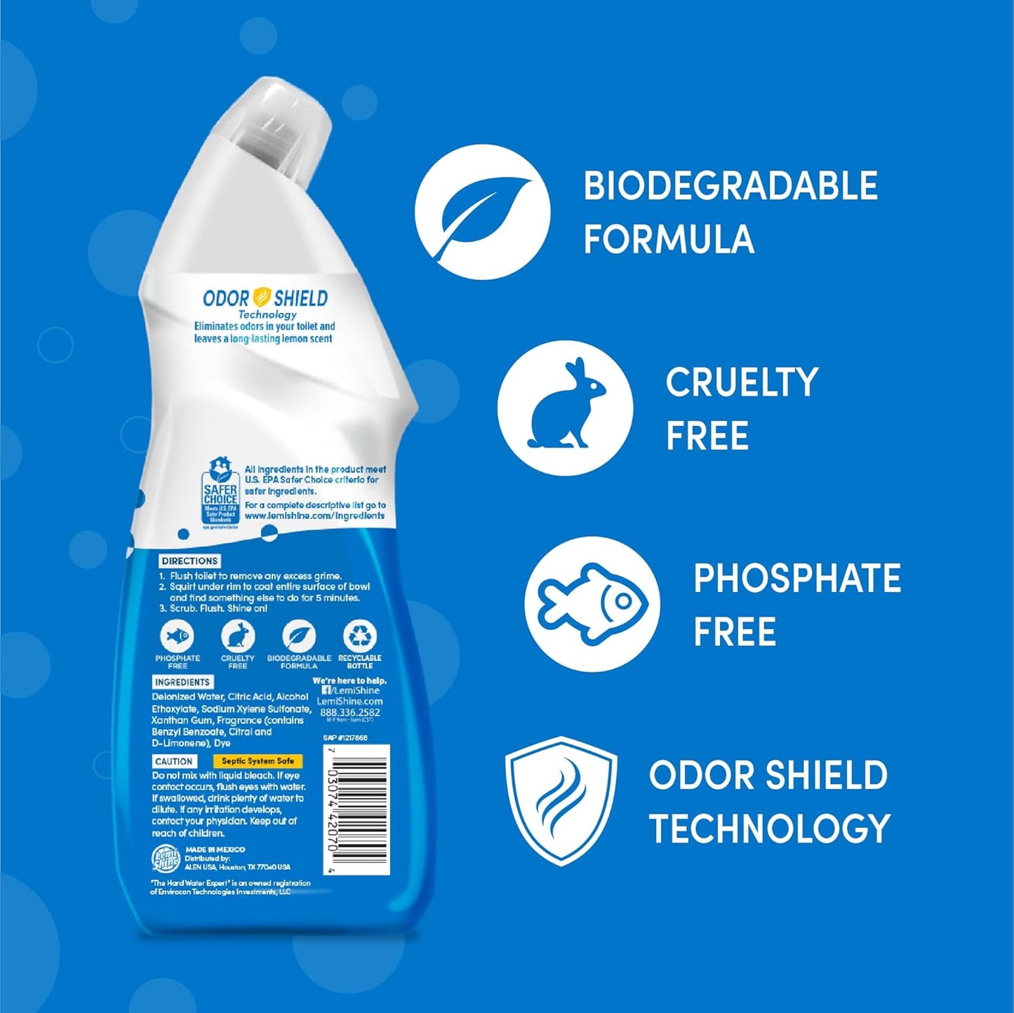 Lemi Shine Toilet Bowl Cleaner - Bleach-Free Toilet Cleaner - Removes Tough Stains and Odor - 24 fl