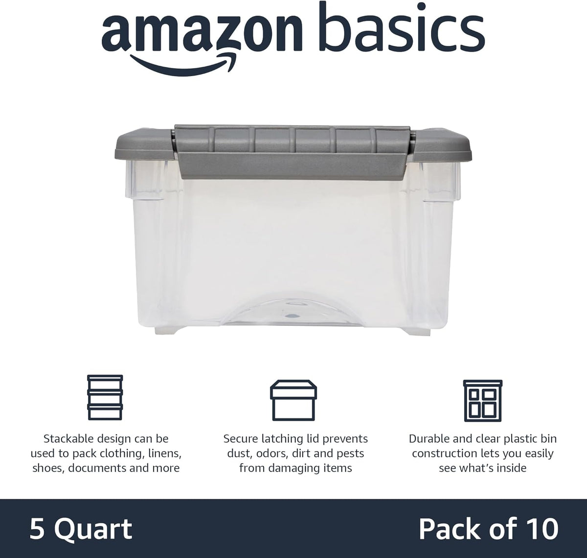 Amazon Basics Plastic Storage Containers with Secure Latching Lids, Stackable Organization Bins