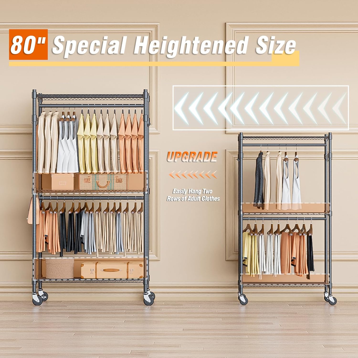 Homdox Garment Rack Heavy Duty, 3 Tier Rolling Clothing Racks for Hanging Clothes, Metal Wardrobe