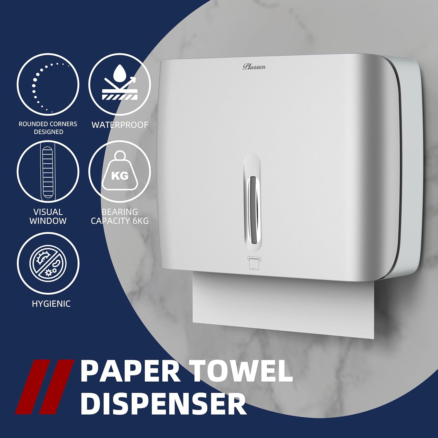Paper Towel Dispenser Wall Mount Commercial & Home Use ABS Matte Silver Gray with Window Holds 200