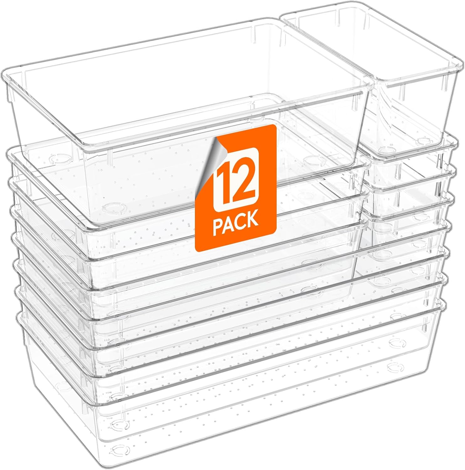 Lifewit 12 Pcs Large Bathroom Drawer Organizers, 3 Sizes Clear Plastic Storage Organizer Trays for