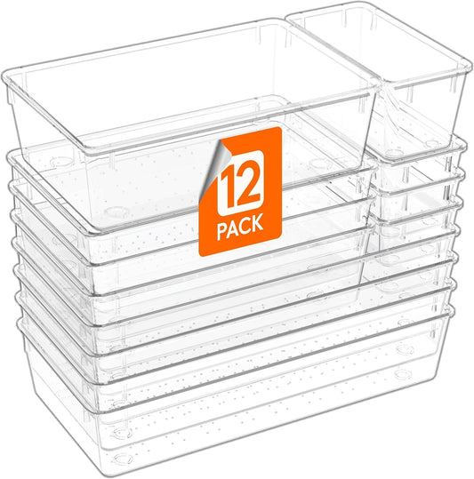 Lifewit 12 Pcs Large Bathroom Drawer Organizers, 3 Sizes Clear Plastic Storage Organizer Trays for
