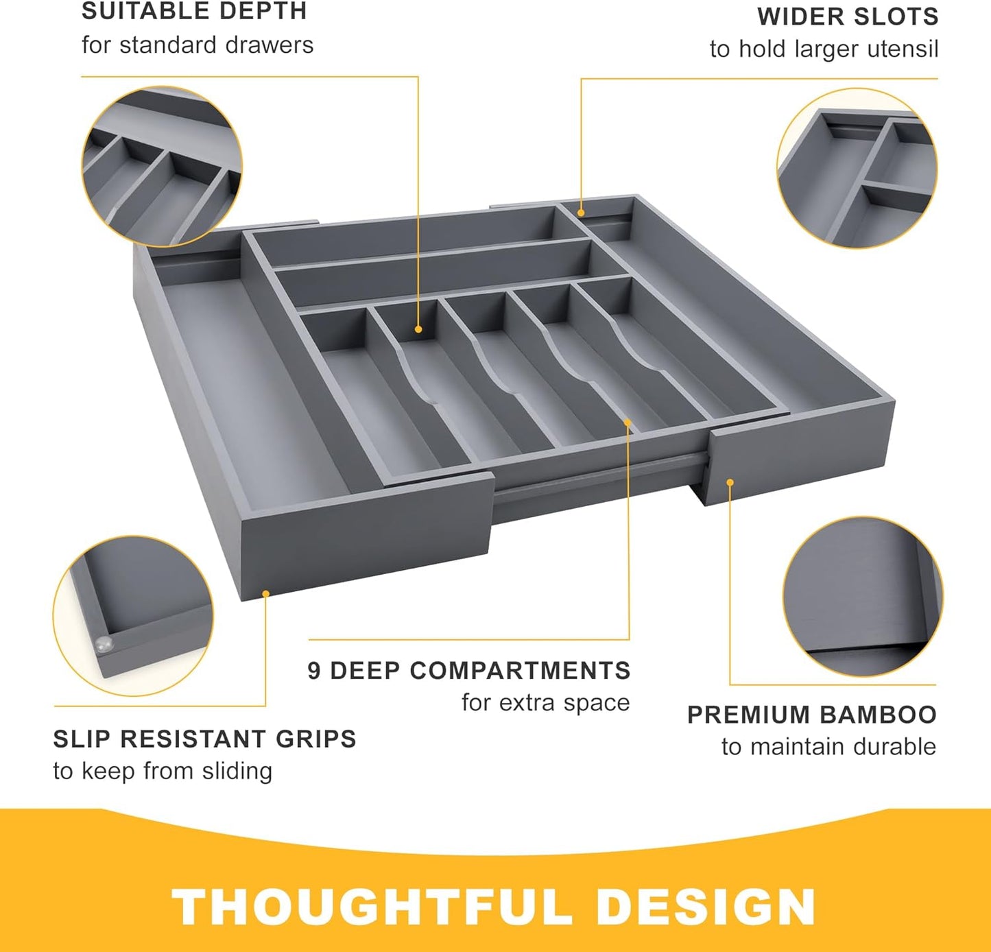 Large Premium Bamboo Silverware Organizer - Expandable Drawer Organizer & Utensil Organizer