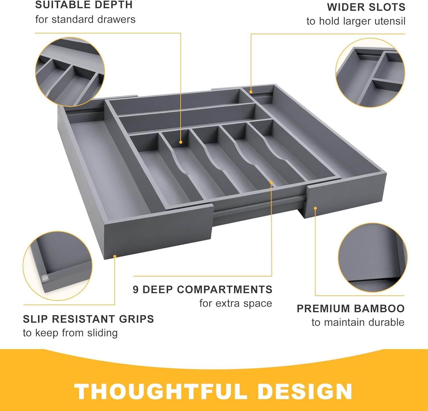 Large Premium Bamboo Silverware Organizer - Expandable Drawer Organizer & Utensil Organizer
