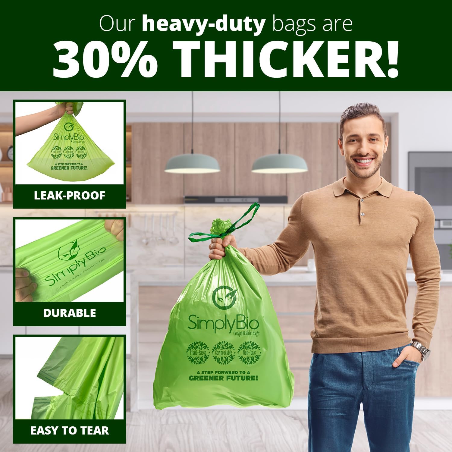 Simply Bio 13 Gallon Compostable Trash Bags Liners Drawstring, Heavy Duty Extra Thick 1 Mil, 49.21