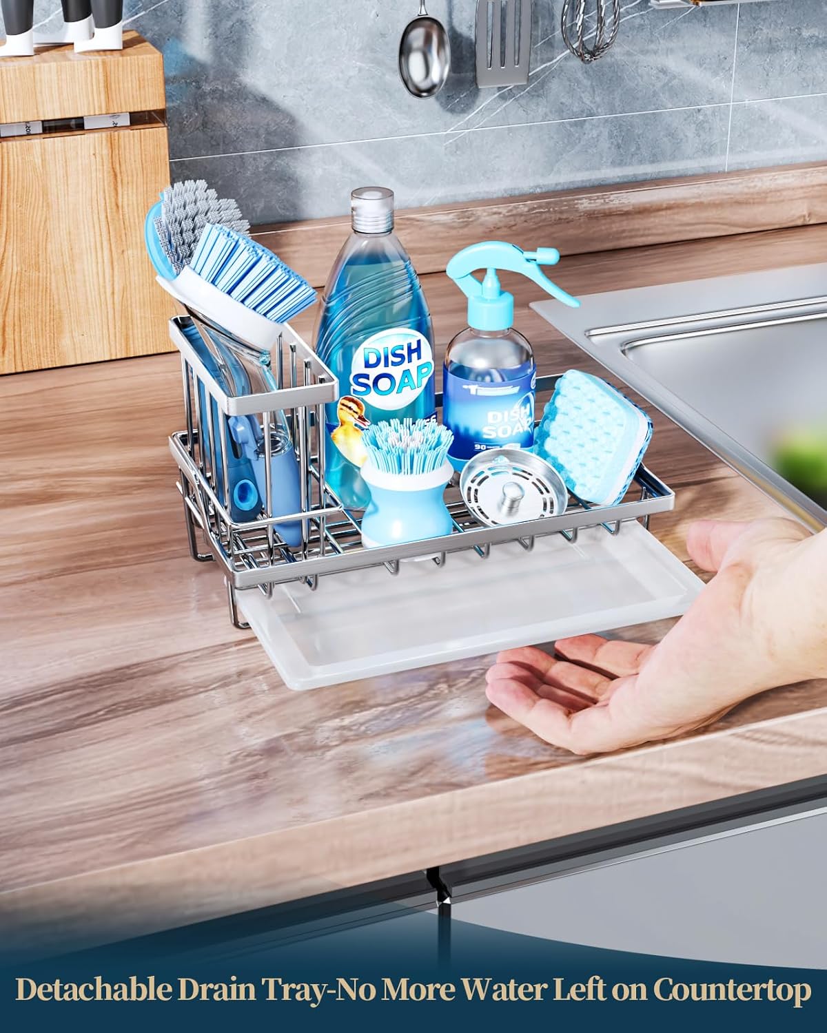 Consumest Sink Caddy, Kitchen Sponge Holder with Dish Brush Holder, Kitchen Sink Organizer with