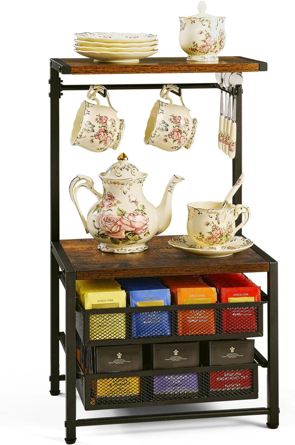 Pinzoveco Tea Bag Organizer, Large Tea Organizers and Storage Box,2 Drawers Tea Bags Holder Wood
