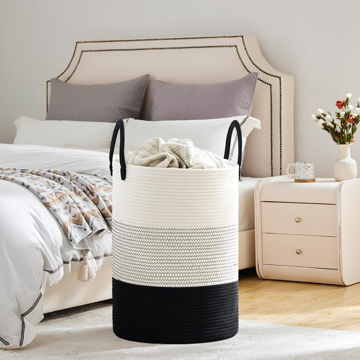 VIPOSCO Large Laundry Hamper, Tall Woven Rope Storage Basket for Blanket, Toys, Dirty Clothes in