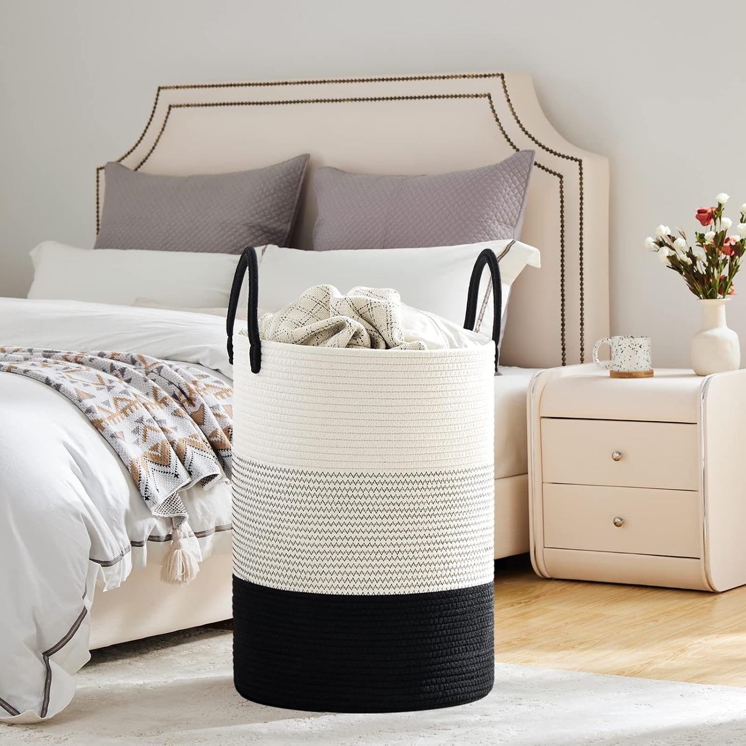 VIPOSCO Large Laundry Hamper, Tall Woven Rope Storage Basket for Blanket, Toys, Dirty Clothes in