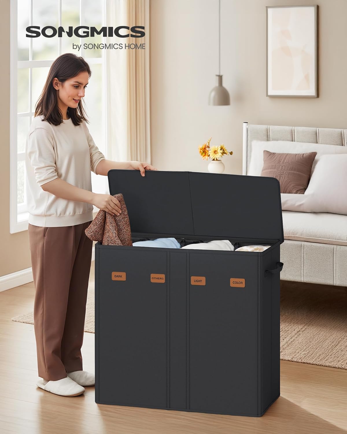 SONGMICS 55.4 Gallon (210 L) Laundry Hamper, 4-Compartment Laundry Basket Sorter with Lid, Labels