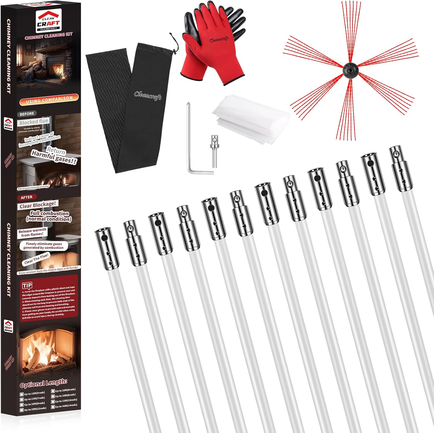 39 Feet Chimney Sweep Kit, Chimney Cleaning Kit with 12 Flexible White Chimney Rods, Chimney Brush
