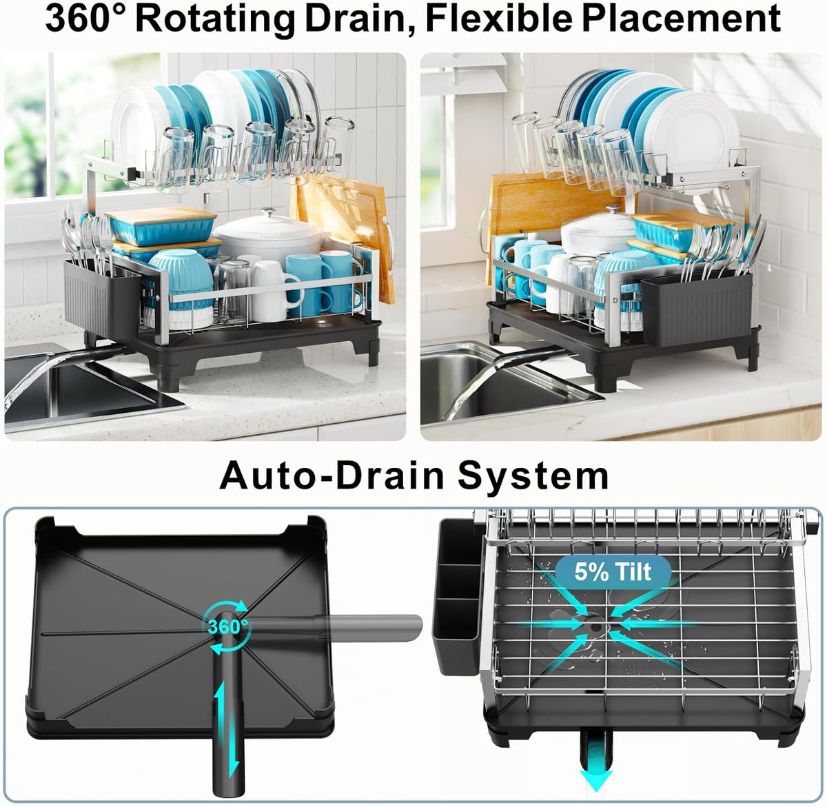 GSlife Dish Drying Rack for Kitchen Counter - Stainless Steel 2 Tier Dish Drainer with Cutting