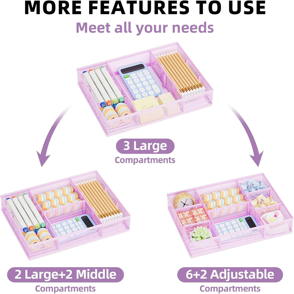 Marbrasse 2 Pack Desk Drawer Organizer, Mesh Drawer Organizer Tray with 8 Adjustable Compartments