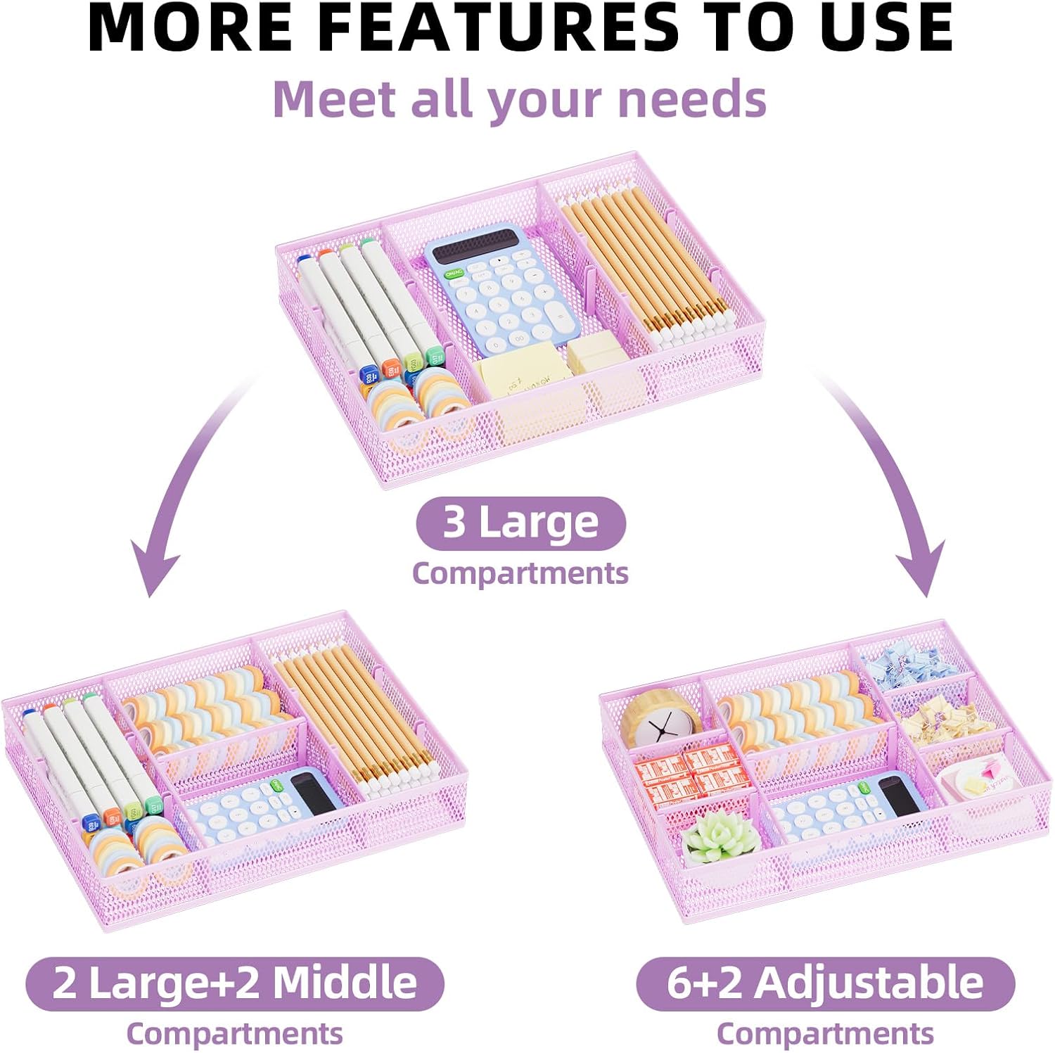 Marbrasse 2 Pack Desk Drawer Organizer, Mesh Drawer Organizer Tray with 8 Adjustable Compartments