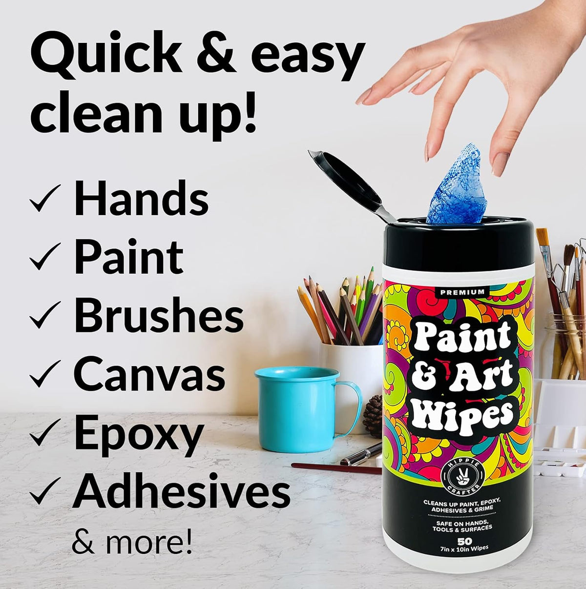 Paint and Art Wipes, Heavy-Duty Cleaner for Paint, Epoxy, Glue, Latex & Acrylic Stains, 1 Pack (50