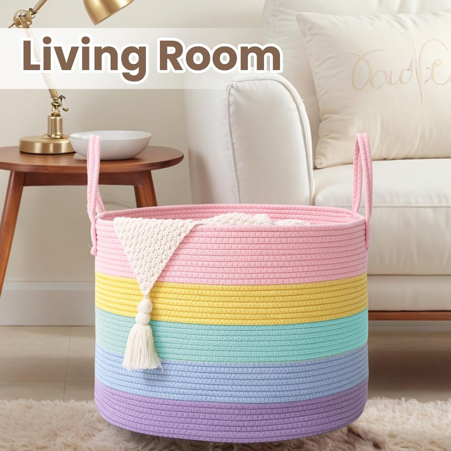 Woven Blanket Basket,65L Large Rope Storage Bin with Handles, Organizer for Blankets Toys Book and