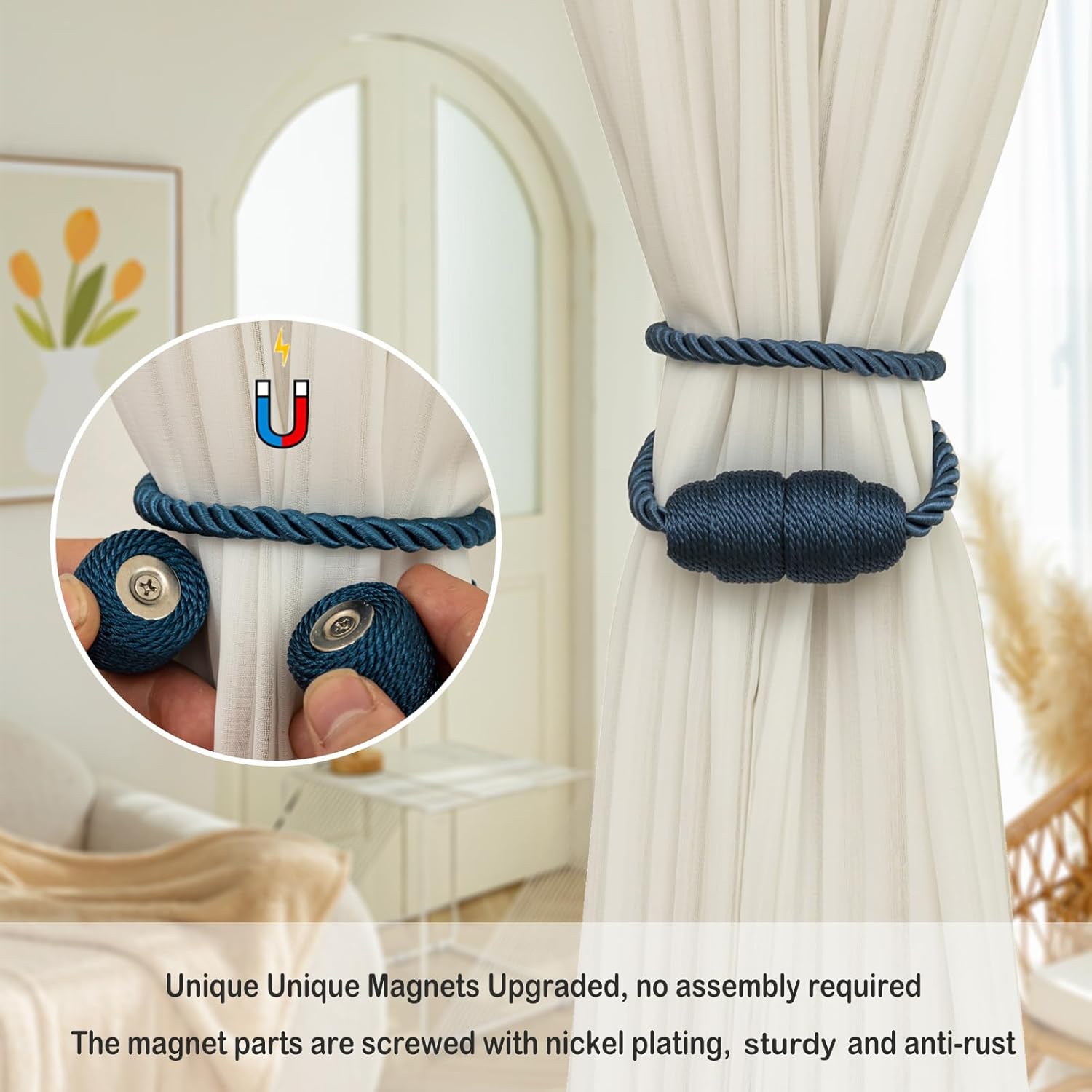 Magnetic Curtain Tiebacks Rope Tie Backs 6 Pack Curtains Holders for Drapes Decorative Window