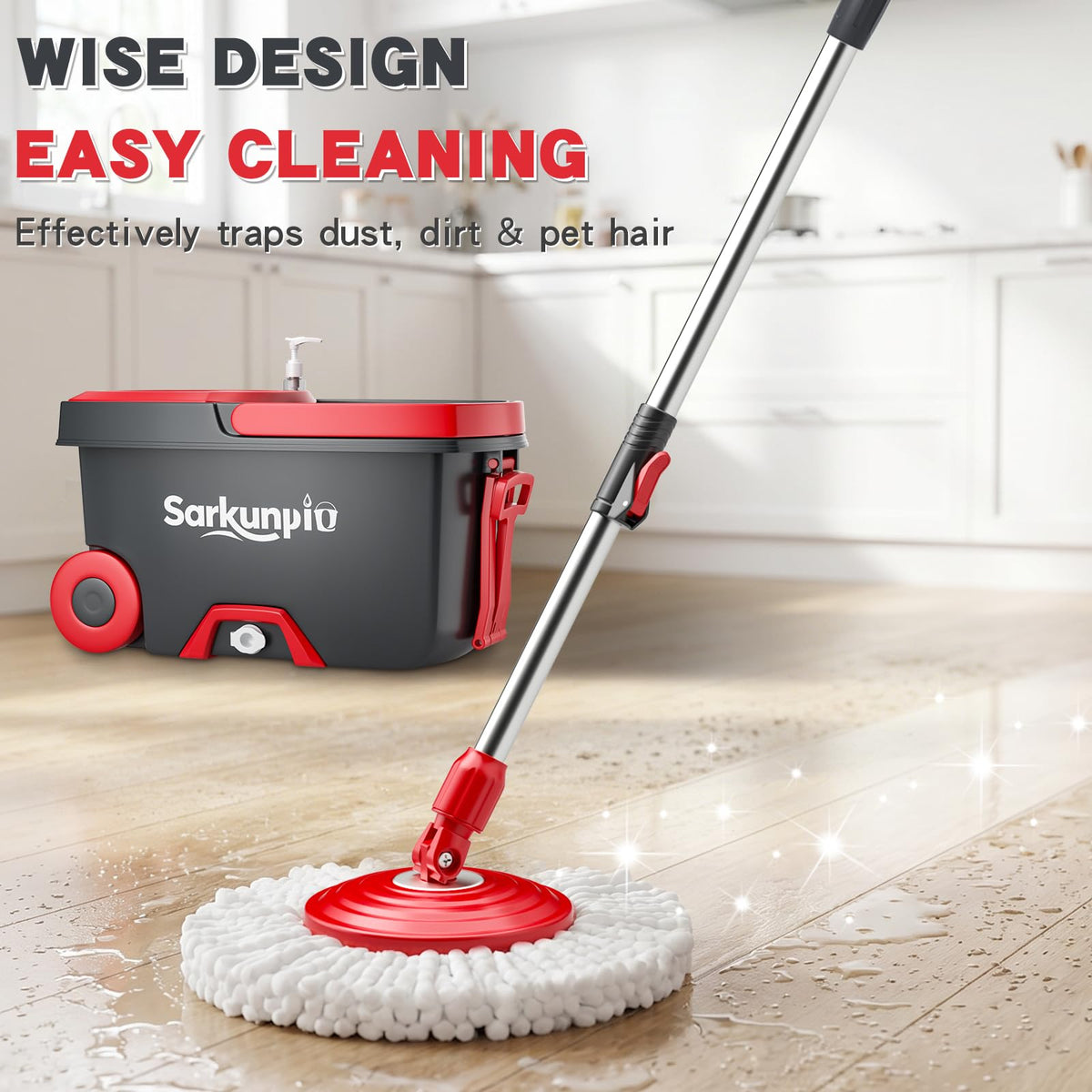 Sarkunpio Spin Mop and Bucket Set with 6 Microfiber Heads, Dark Grey