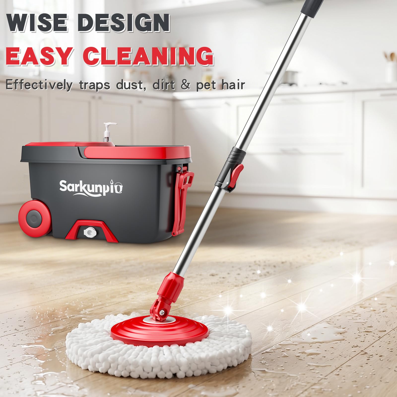 Sarkunpio Spin Mop and Bucket Set with 6 Microfiber Heads, Dark Grey