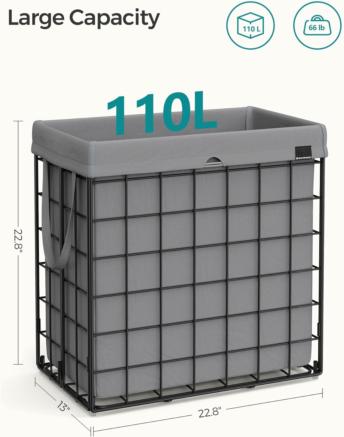 SONGMICS 29 Gal. (110L) Laundry Basket, Laundry Hamper, Collapsible Clothes Hamper, Removable and