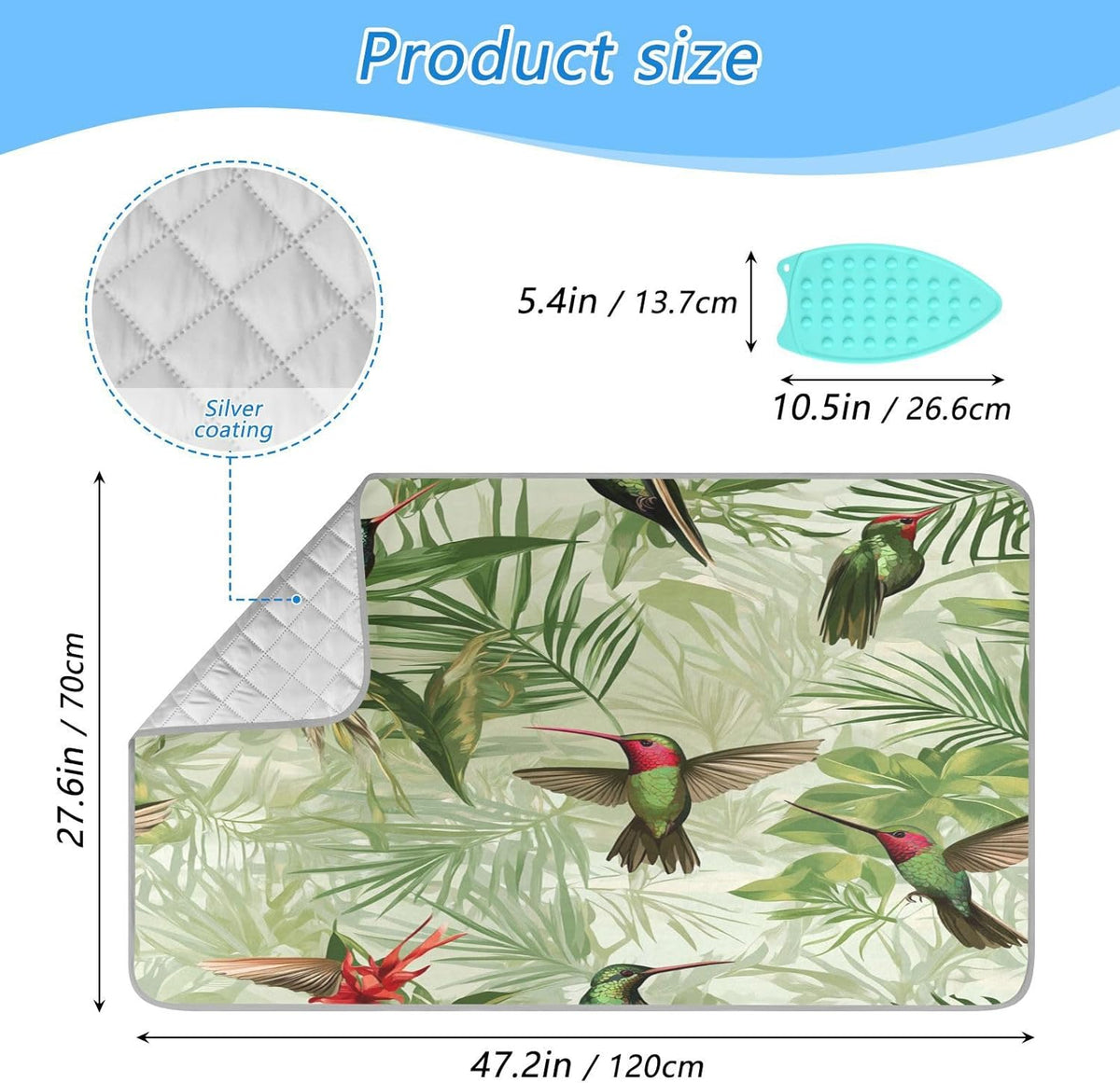 Green Anna Hummingbird and Palm Leaves Ironing Mat Thickened Ironing Blanket Travel Portable