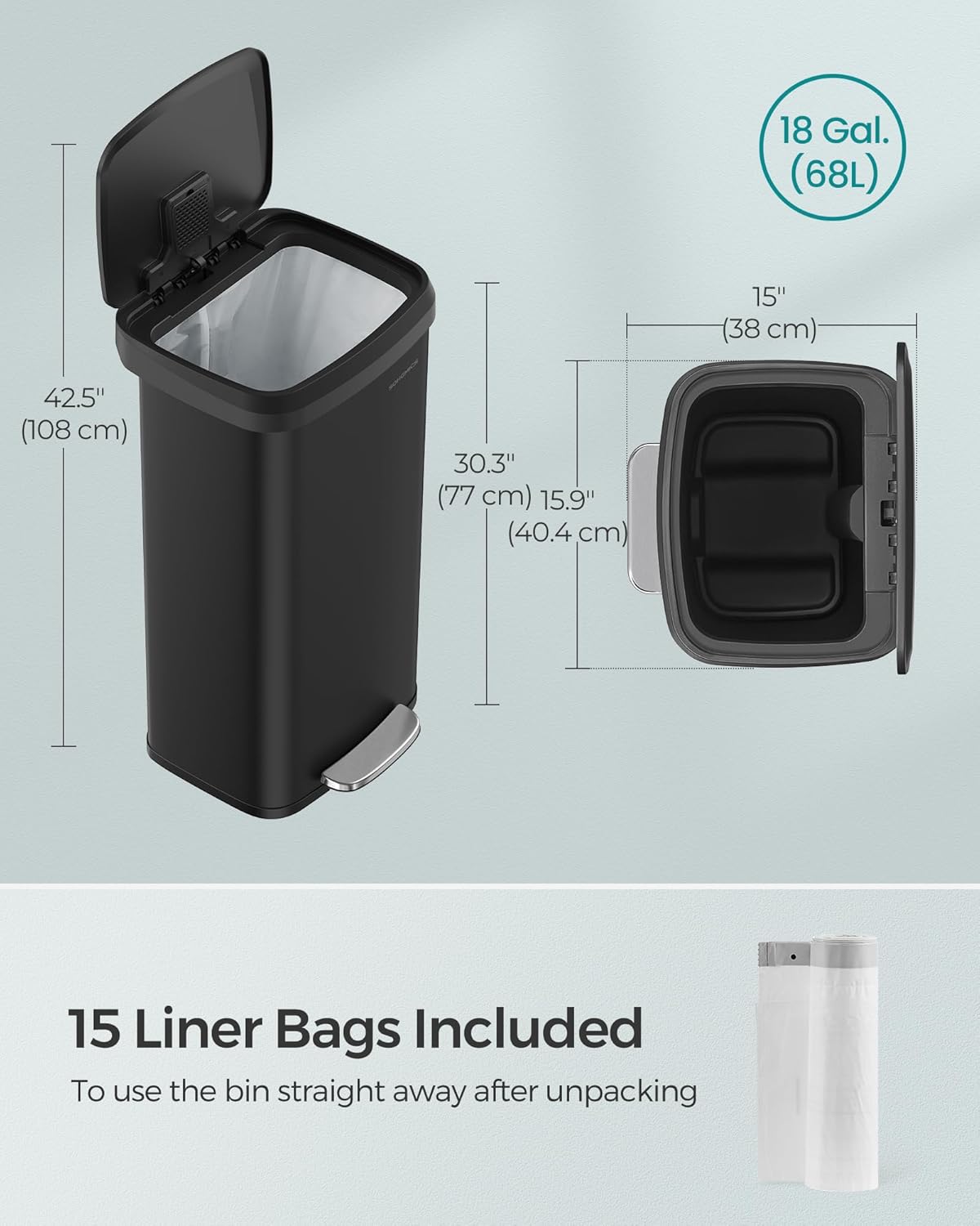 SONGMICS Kitchen Trash Can, 18-Gallon Stainless Steel Garbage Can, with Stay-Open Lid and Step-on