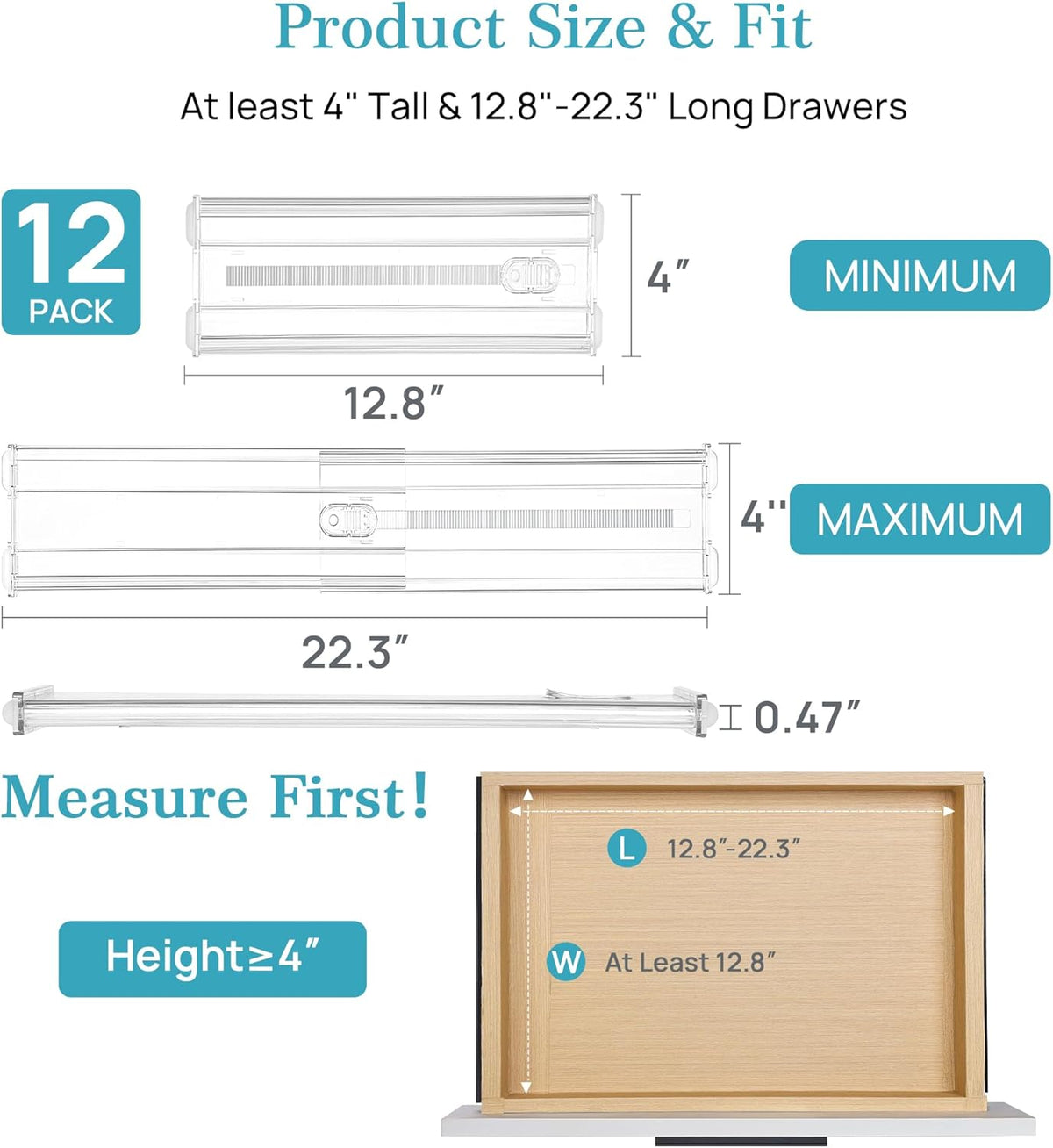 Vtopmart 12 Pack 4" Regular Upgrade Drawer Dividers for Clothes, 12.8"-22.3" Expandable Dresser