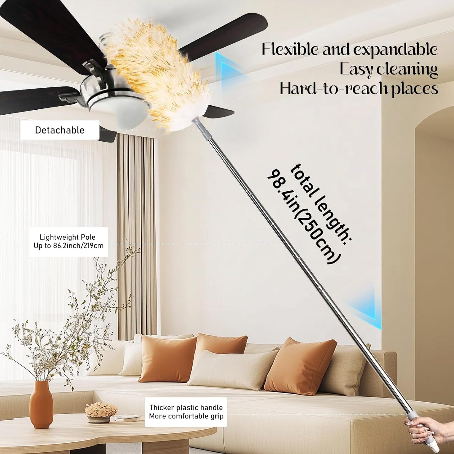 Lambswool Duster for Cleaning with Non-Slip Handle 98.4" Removable Retractable Feather Duster for