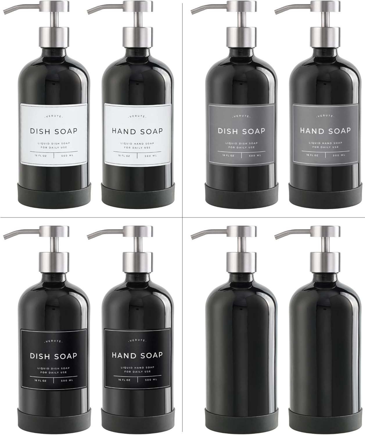 16oz Glass Soap Dispenser with Stainless Steel Pump, 21 Waterproof Labels, Non-Slip Protective