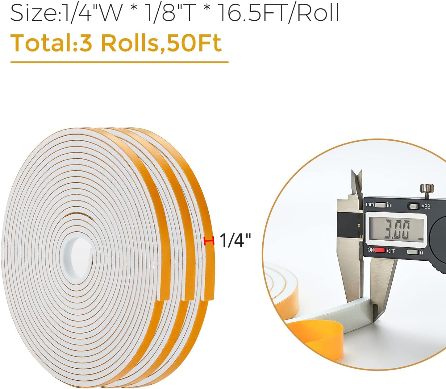 50 Feet Weather Stripping Door Seal, 1/4" Wide X 1/8" Thick Door Seal Strip High Density Foam Tape