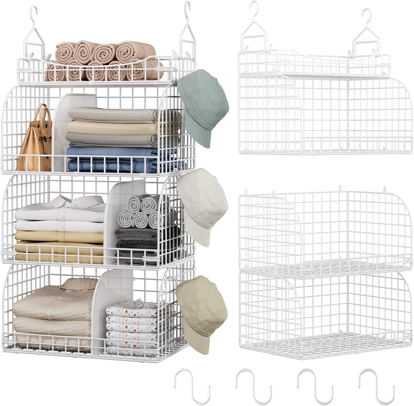HapiRm Hanging Closet Organizer Storage - 3 Tier Metal Stackable Hanging Closet Shelves with