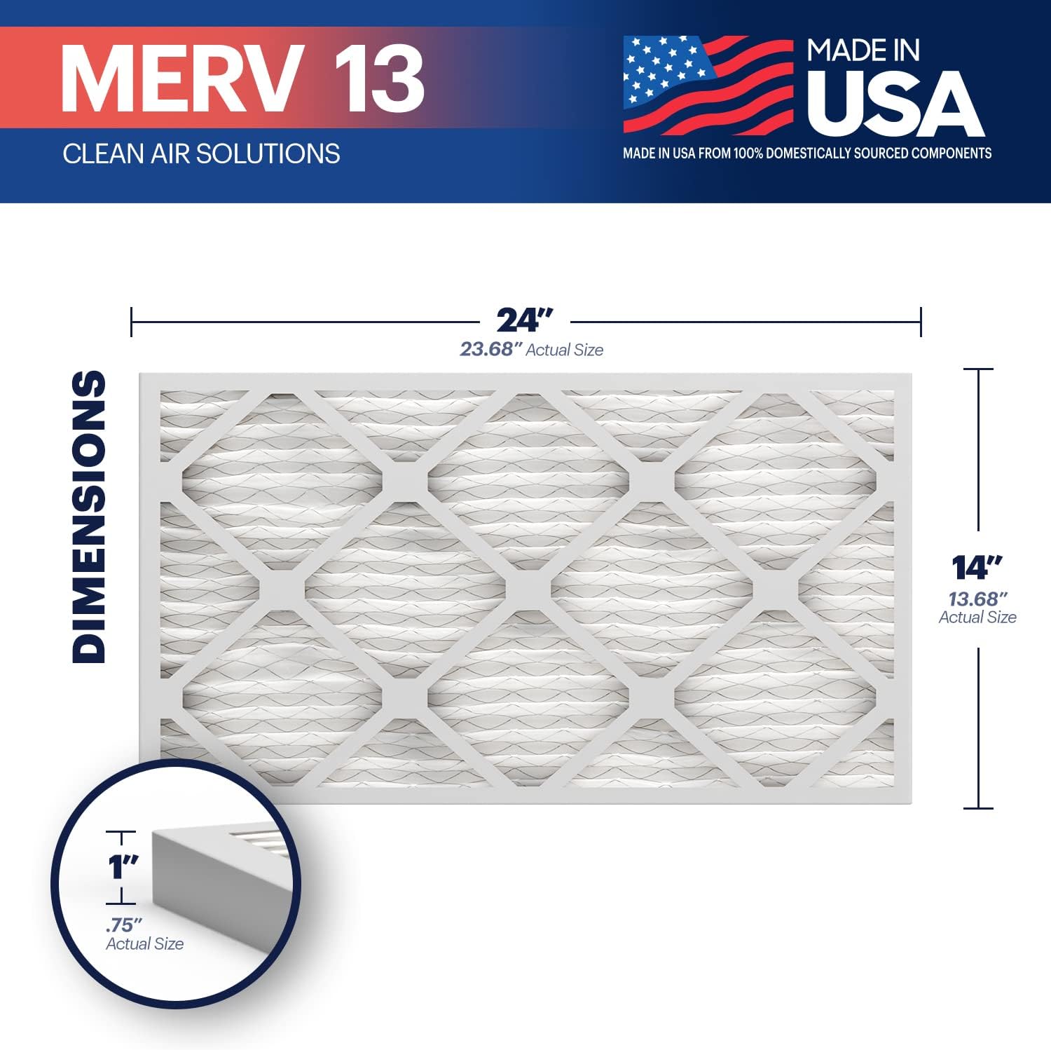 BNX TruFilter 14x24x1 Air Filter MERV 13 (4-Pack) - MADE IN USA - Electrostatic Pleated Air