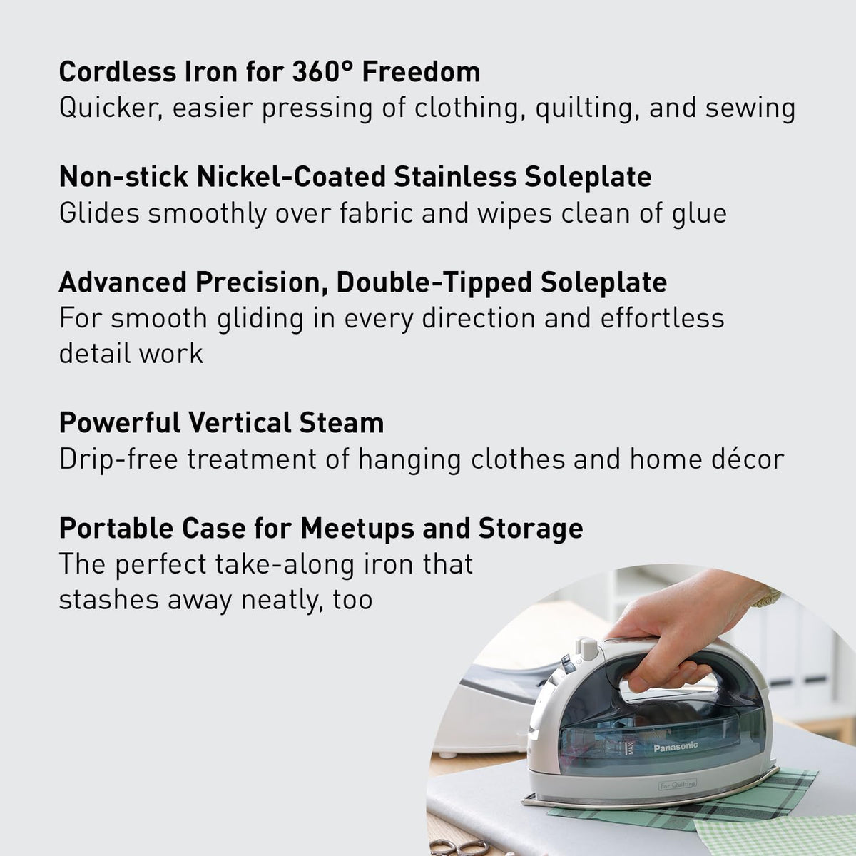 Panasonic NI-QL1100L Cordless Steam/Dry Iron, 1500W Wide Stainless Steel Plate, Silver/Light Blue