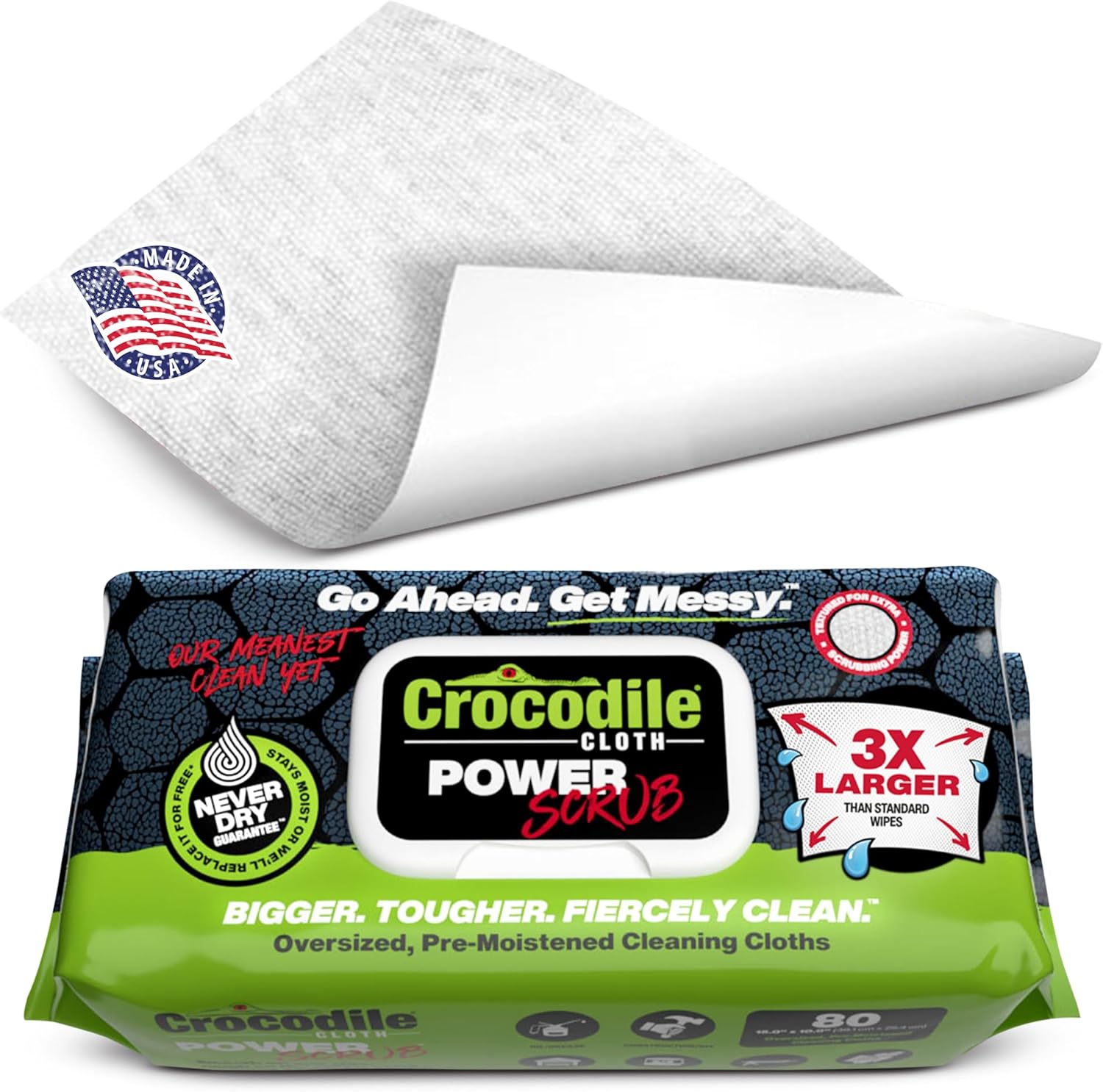 Crocodile Cloth PowerSCRUB Cleaning Wipes – 80 (15" x 10") Dual-Surface Cloths, Heavy-Duty, Moist