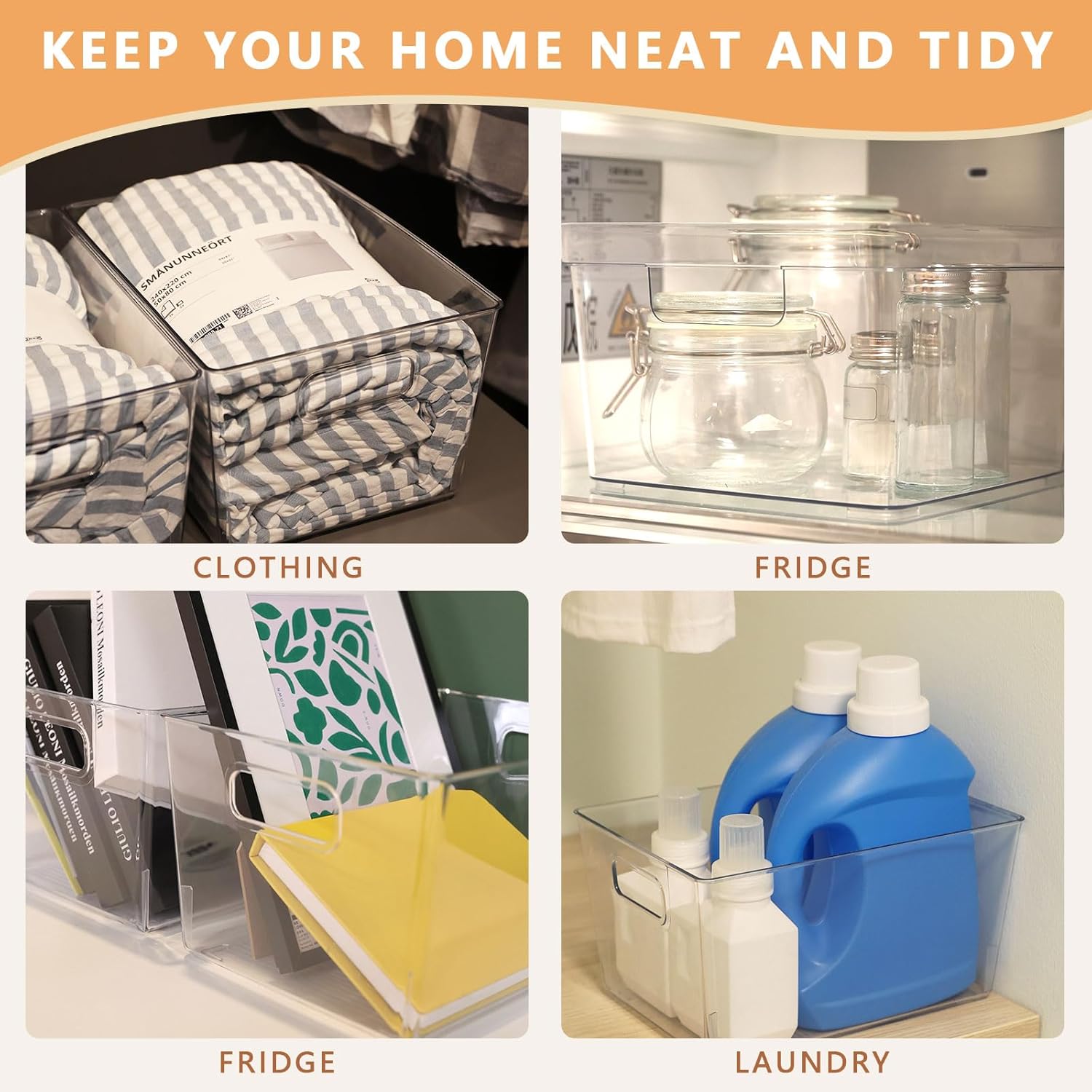 MOONEDGE 8-Pack Clear Plastic Storage Bins — Open-Top PET Containers and Organizers, 11" x 8" x 6"
