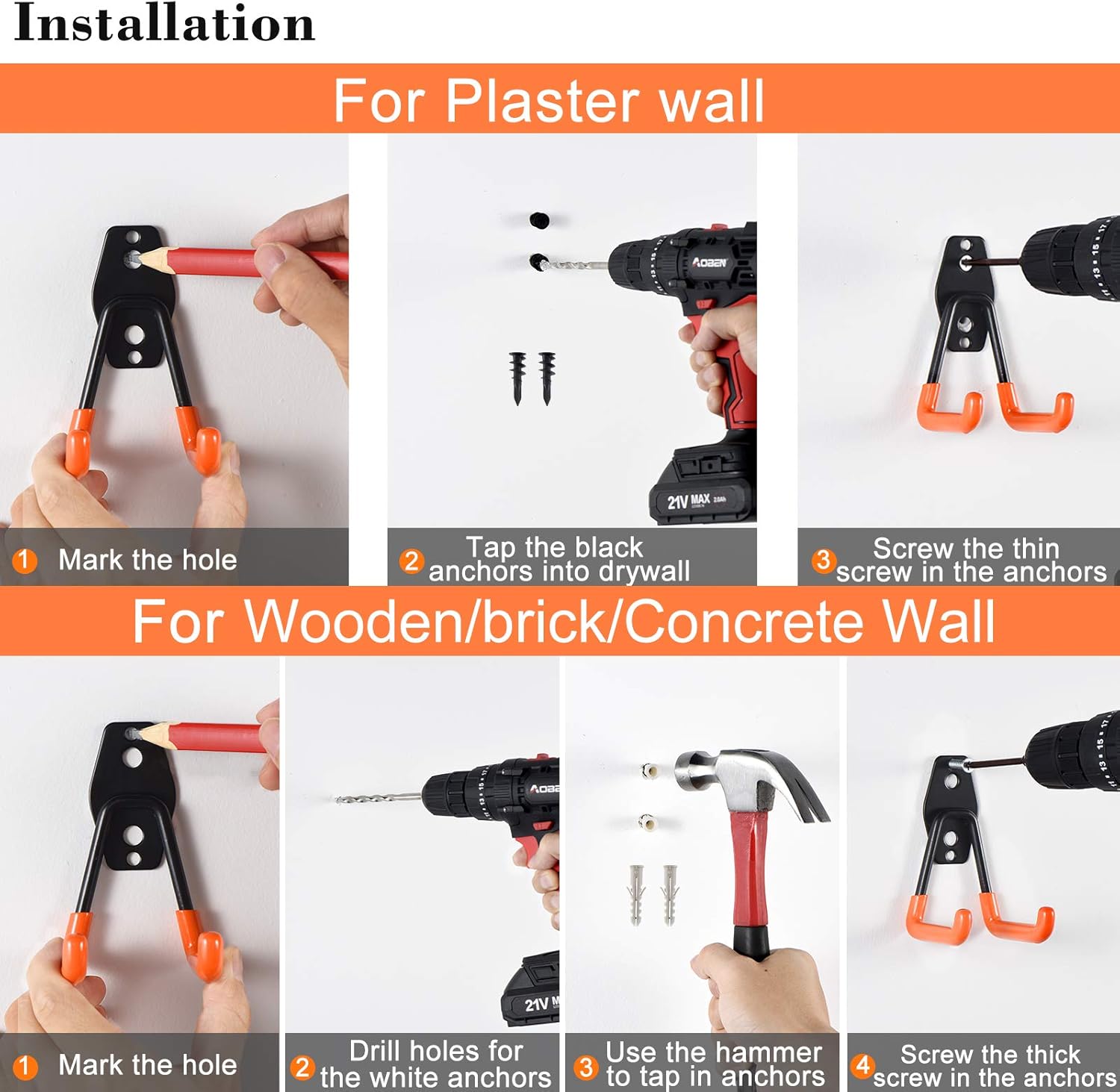 AOBEN Garage Hooks Heavy Duty, Steel Garage Storage Hooks, Utility Tool Hangers and Combinable Wall