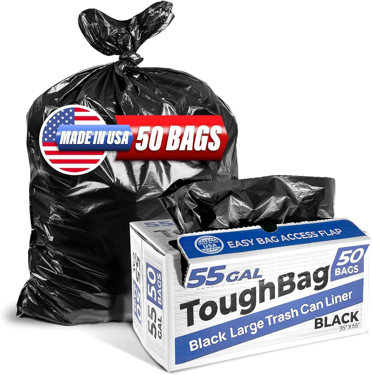 ToughBag 55 Gallon Trash Bags, 55-60 Gallon Trash Bags Heavy Duty (50 COUNT) - Large Black Trash