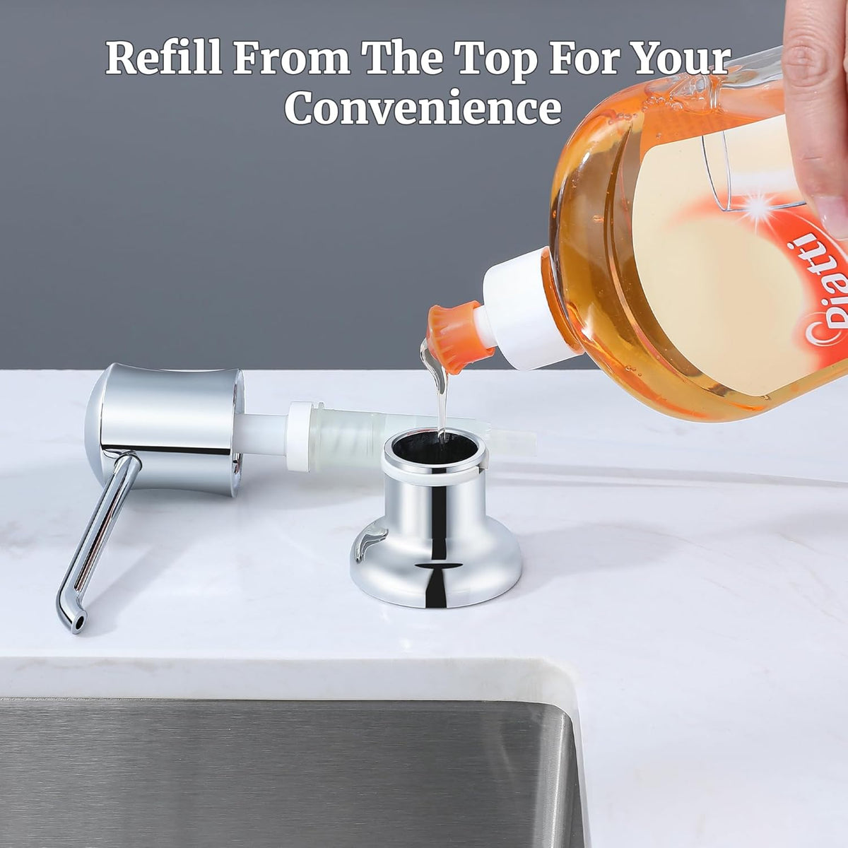 Soap Dispenser for Kitchen Sink Chrome Upgrade Built-in and Refill-from-Top Design with Liquid Hand