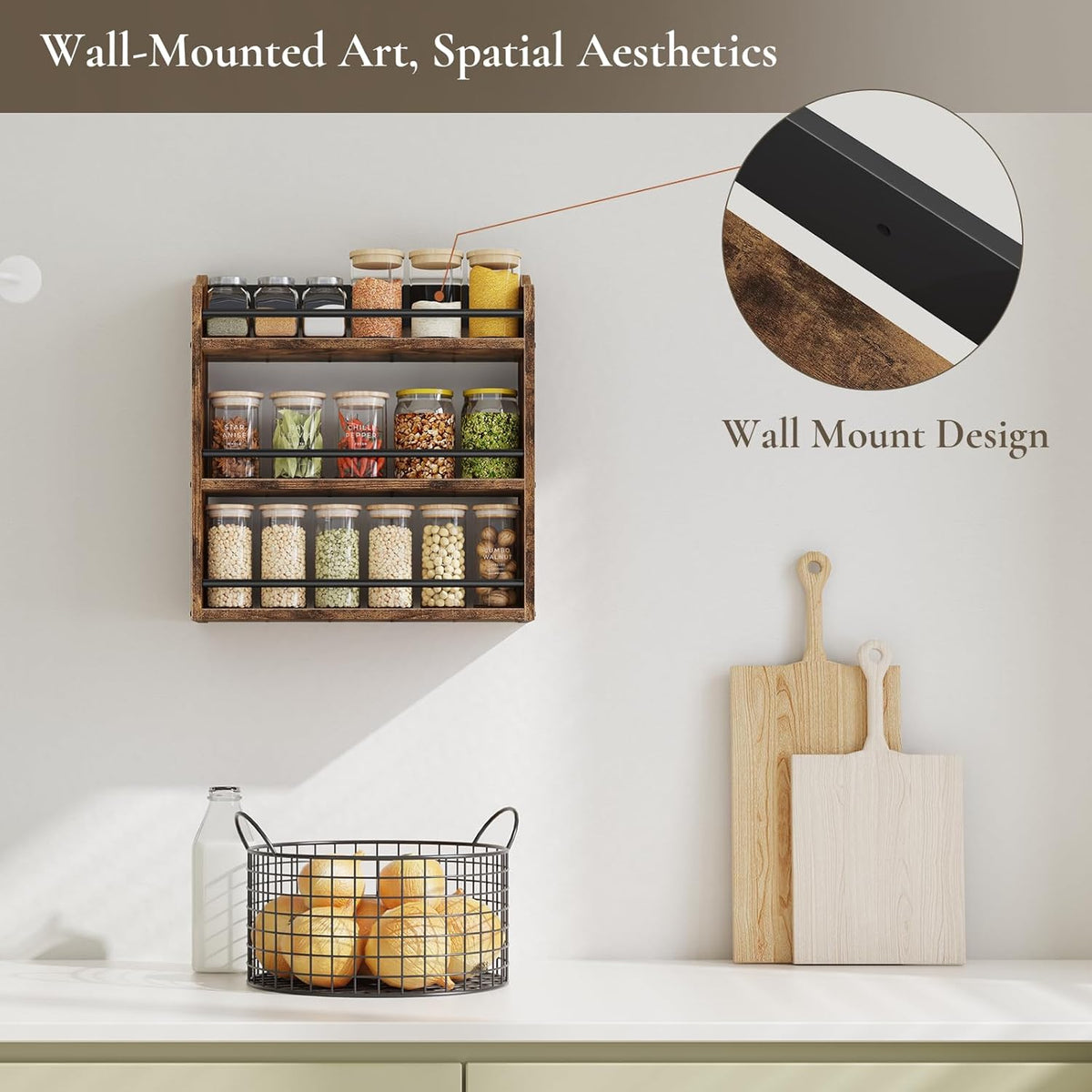 Spice Rack Wall Mounted, Wood 3 Tier Spice Rack for Countertop, Vertical Spice Organizer for Spice