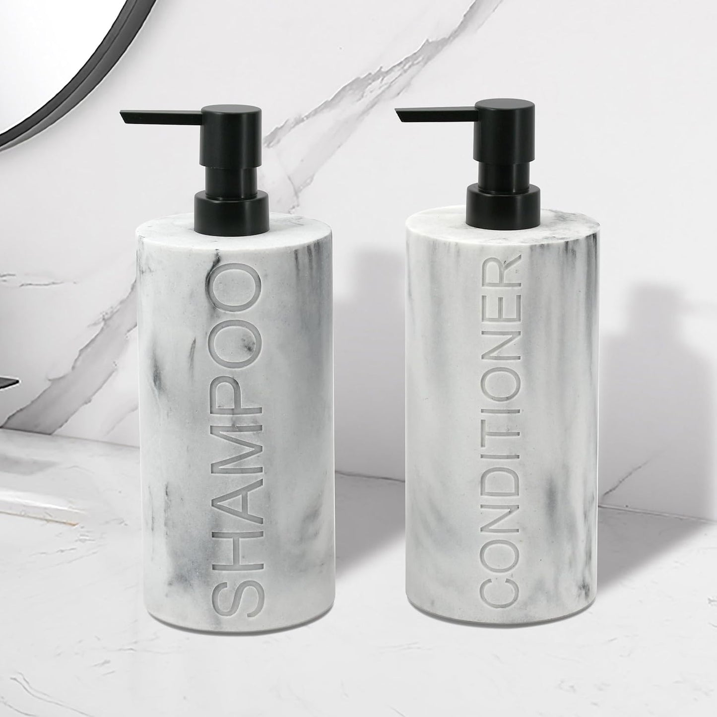 Marble Resin 2 Piece Shampoo and Conditioner Dispenser Set, Luxurious Refillable Pump Bottles with